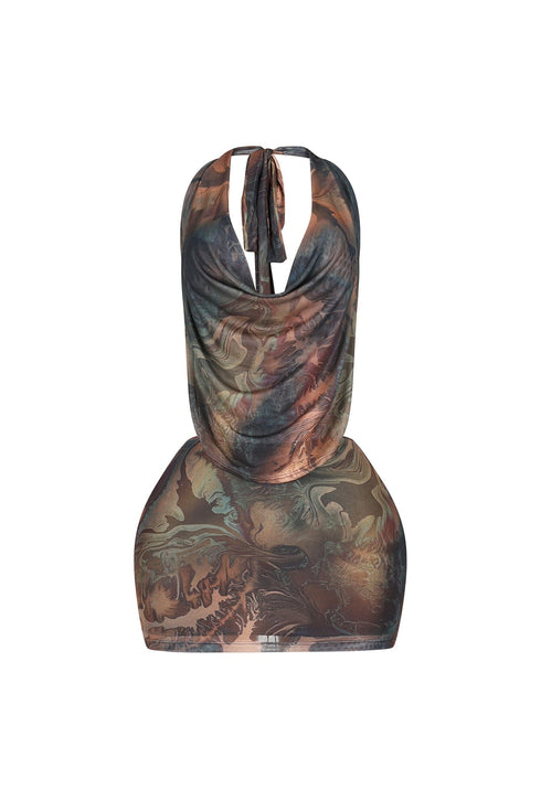 Ochre Melt Mesh Print Halter Dress